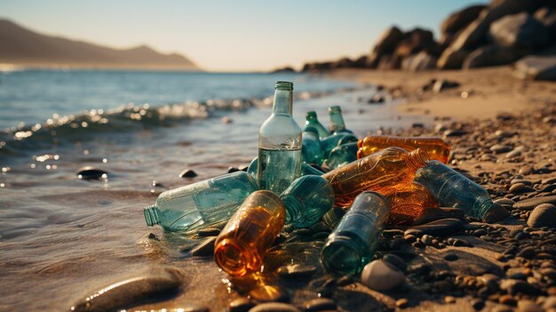 Foto flessen op het strand.