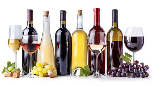 flessen rode en witte wijn en glazen wijn geïsoleerd op witte achtergrond
