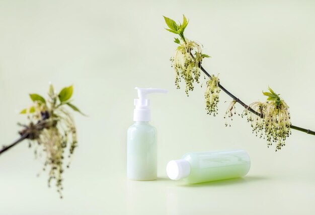 Flessen voor cosmeticasteen en takken van bloeiende asesdoorn op een lichtgroene achtergrond