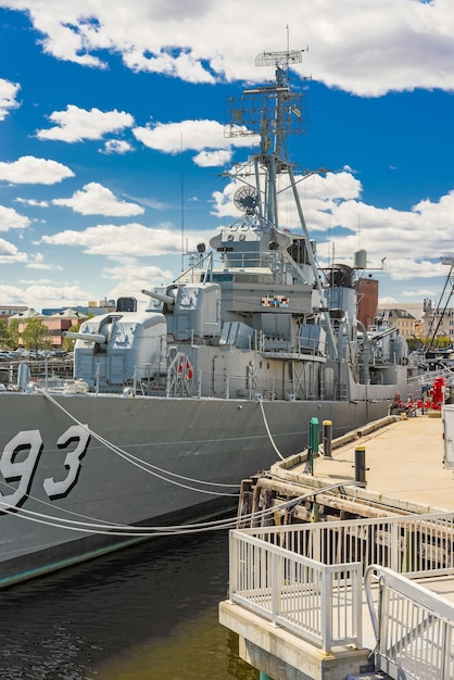 Fletcher-class destroyer USS Cassin Young moored in the Navy Yard in Boston, Massachusetts, USA. There are only 4 such ships afloat.