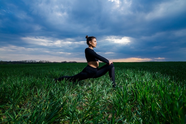 Flexibel meisje, acrobaat, gymnastiekbrug, handstand, sierlijke vrouw. In de natuur voert hij prachtige poses uit voor flexibiliteit, een sportmodel op een blauwe hemelachtergrond.