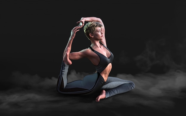 Flexibele vrouw dansen en poseren in het donker met rook