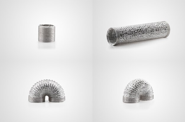 Flexible air duct made of aluminum foil on white background. series from different angles