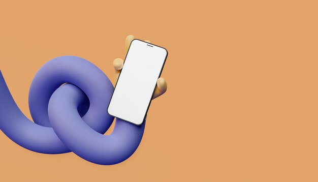 Photo flexible cartoon hand with a mobile phone mockup