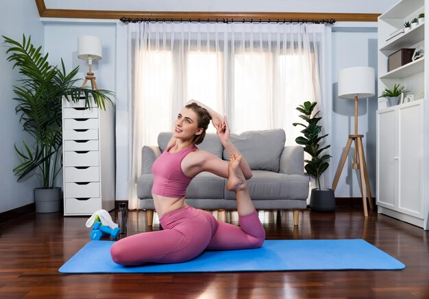 Flexible and dexterity woman in sportswear doing reverse gaiety yoga position