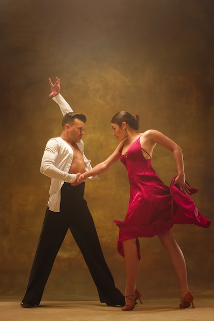 Flexible young couple dancing pasadoble in studio. fashion portrait of attractive man and woman