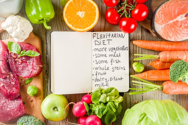 Flexitarian diet background food ingredients, meat, seaffod and vegetables