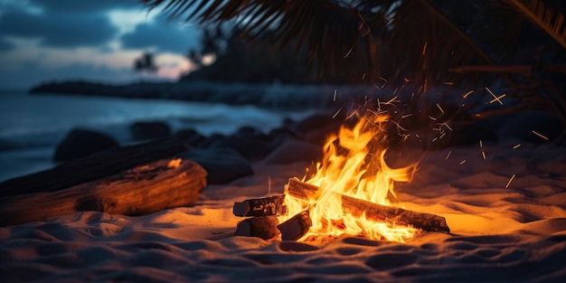 A flickering campfire illuminates a tropical beach at sunset