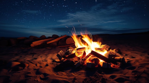 A flickering campfire illuminates a tropical beach at sunset