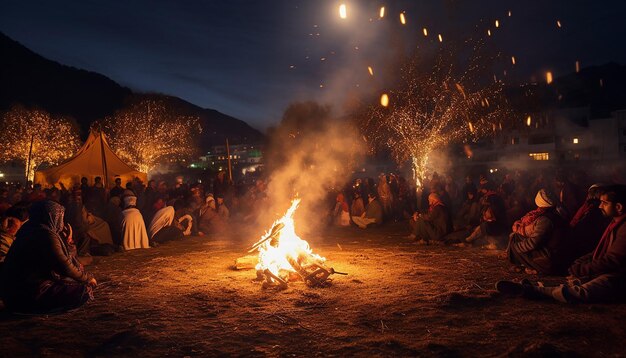 the flickering flames of the Lohri bonfire against the night sky