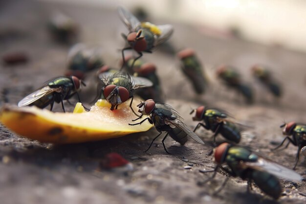 Flies swarming over a piece of discarded fruit outdoors