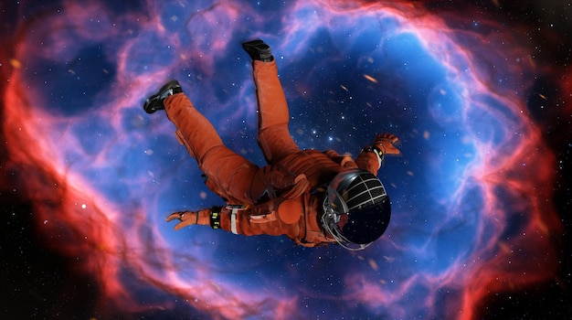 Flight of astronaut cosmonaut in space Cosmic weightlessness gravity falling man into galactic abyss of planet Astronaut in zero gravity stars and nebulae 3d render