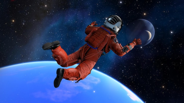 Flight of astronaut cosmonaut in space Cosmic weightlessness gravity falling man into galactic abyss of planet Astronaut in zero gravity stars and nebulae 3d render