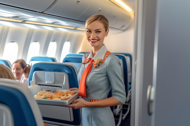 Flight attendant serving foods in plane