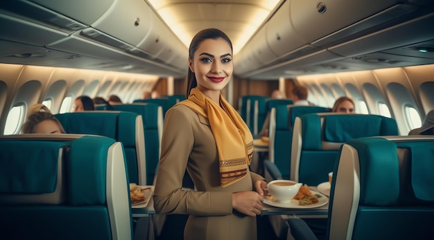 Flight attendant serving foods in plane