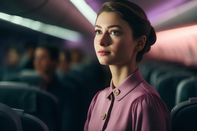 A flight attendant smiles on the plane