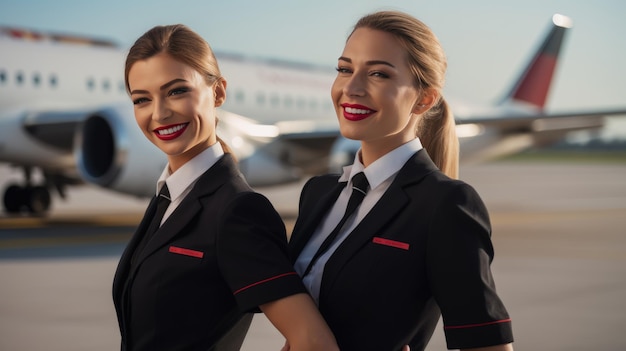 Flight attendants in the background of a passenger airplane