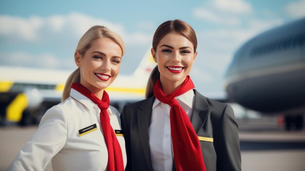 Flight attendants in the background of a passenger airplane