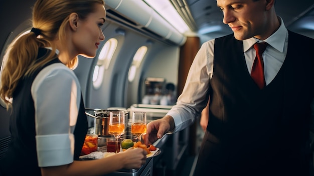 Flight attendants preparing food and drinks in the galley AI Generative