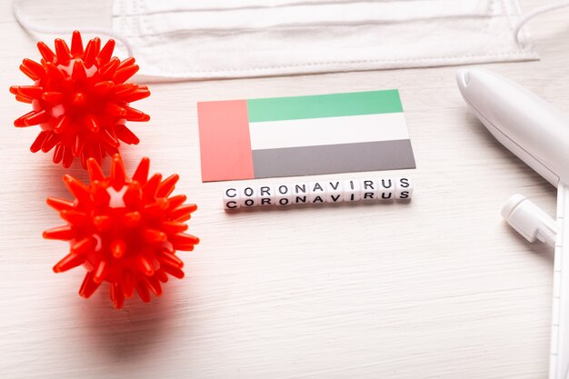 Flight ban and closed borders for tourists and travelers with coronavirus covid-19. Airplane and flag of United Arab Emirates on a white