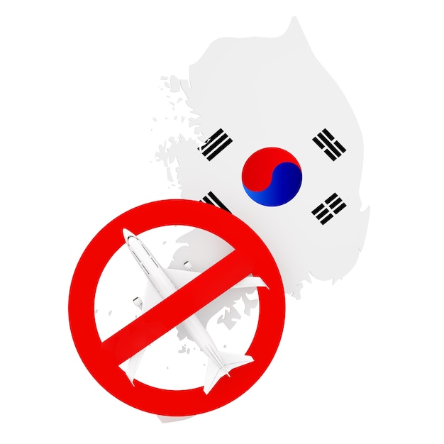 Flight Ban to and from South Korea due to Coronavirus COVID-19. South Korea Map with Flag and Airplane with Red Prohibit Sign on a white background. 3d Rendering