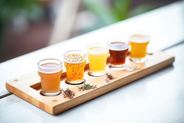 Flight of beer samples on wooden tray