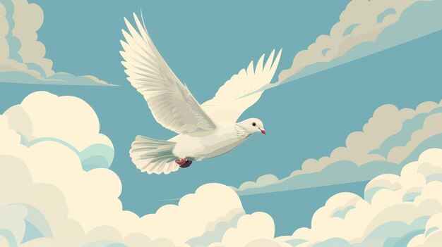 Flight of a bird with feathers Soaring gliding of a white pigeon A symbol of peace hope love and freedom Flat modern illustration