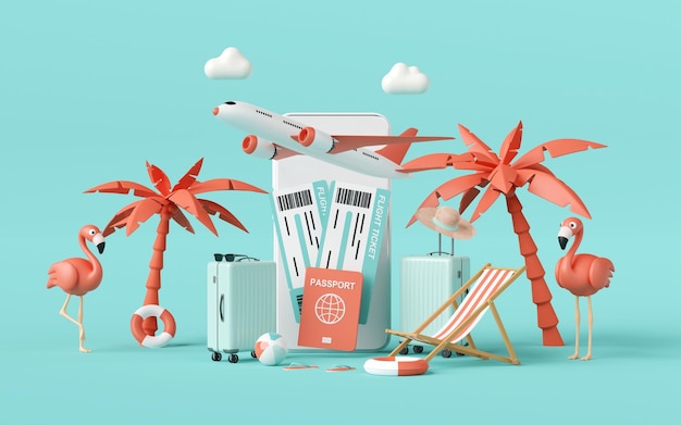 Flight booking buy ticket or checkin application on smartphone 3d illustration