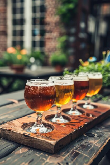 Flight of craft beers on a wooden tasting board