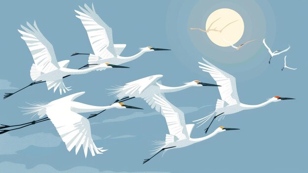 Photo flight of cranes egrets flying in the sky winged feathered animals birds flocking together flying soaring gliding flying in nature modern illustration of wild fauna