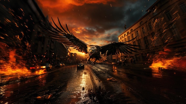 Полет орлиной птицы над городом на фоне заката огня и искр на улице