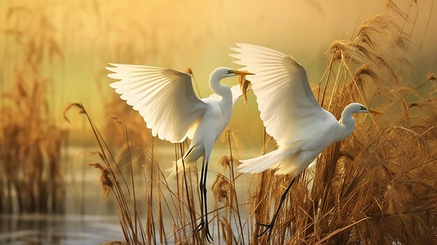 Flight of Egrets Bright Yellow Skies Over Reeds