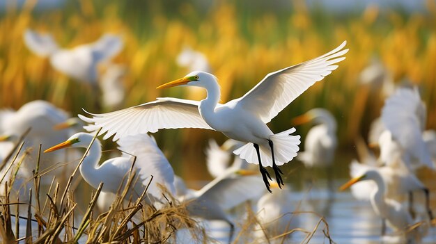 Photo flight of egrets bright yellow skies over reeds