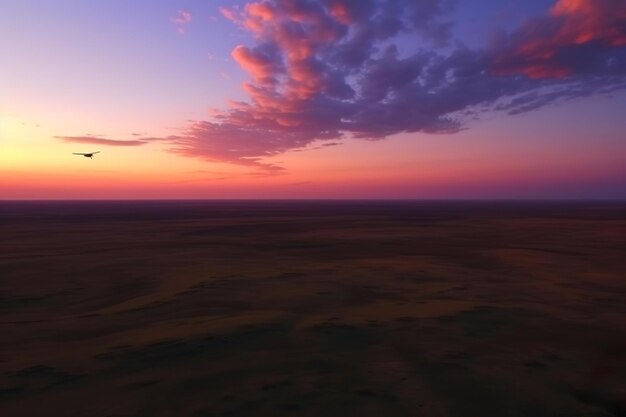 Flight over the evening steppe in sunset colors