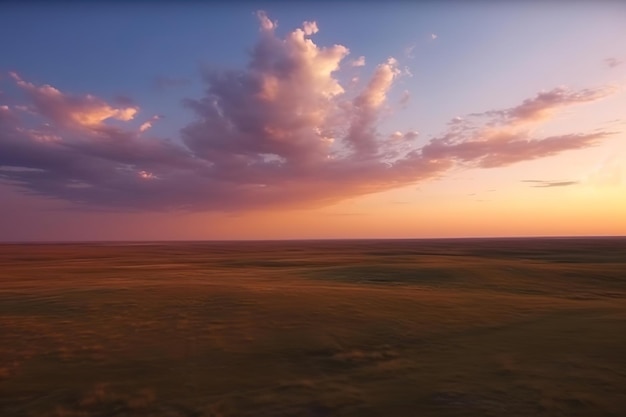 Flight over the evening steppe in sunset colors