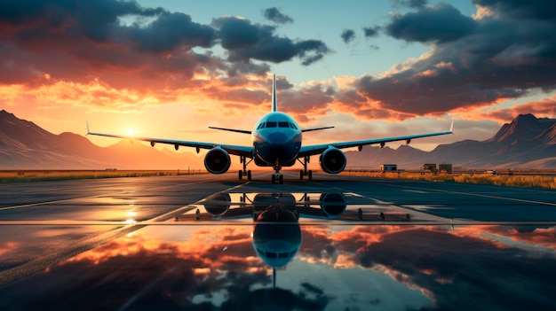 Flight to the Horizon Airplane Takes Off on Runway at Sunset Casting Reflective Glow