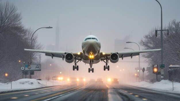 Flight landing departuring during dificult weather snow rain during a flight traveling all the year