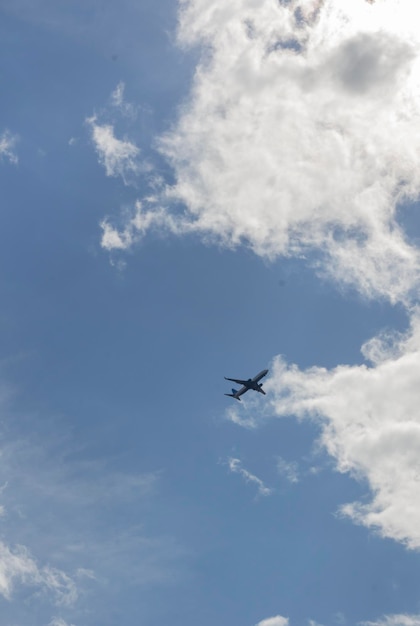 Flight of a regular plane in the blue sky