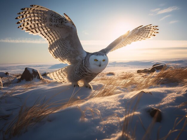 Flight of the Snowy Owl across the Arctic Tundra