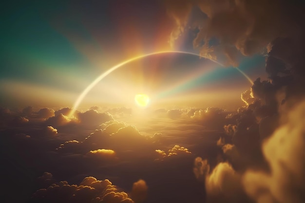 Фото Полет через облака на закате золотой час с красивой радугой и аурой бликов небесное небо