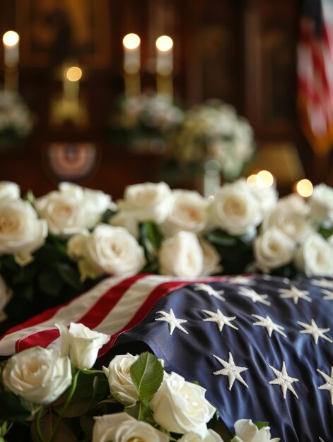 Flikkerende kaarsen werpen een warme gloed over een Amerikaanse vlag en een boeket van ongerepte witte rozen creëren een aangrijpend gedenkteken voor degenen die hun leven verloren in dienst van hun land