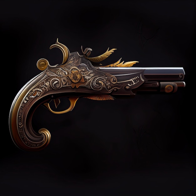 플린트록 피스톨 (Flintlock Pistol) 은 검은색 배경에서 생성된 인공지능의 대표적인 RPG 무기이다.