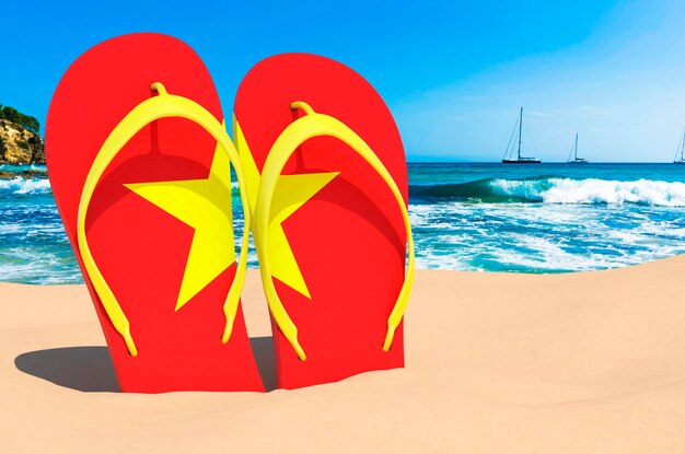 Flip flops met Vietnamese vlag op het strand Vietnam resorts vakantiereizen reizen pakketten concept 3D-rendering