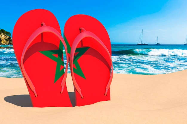 Photo flip flops with moroccan flag on the beach morocco resorts vacation tours travel packages concept 3d rendering