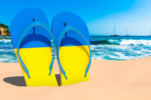 Flip flops with ukrainian flag on the beach ukraine resorts vacation tours travel packages concept 3d rendering