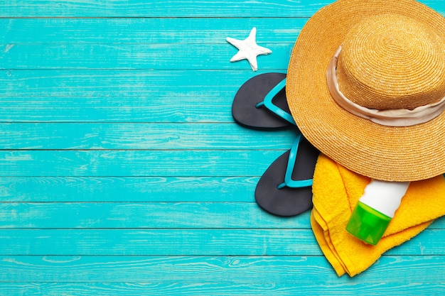 Flip flops on wooden background