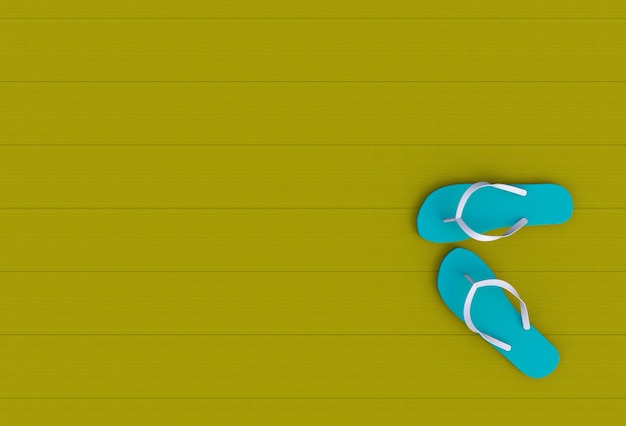 Flip flops on yellow wooden floor, 3D rendering