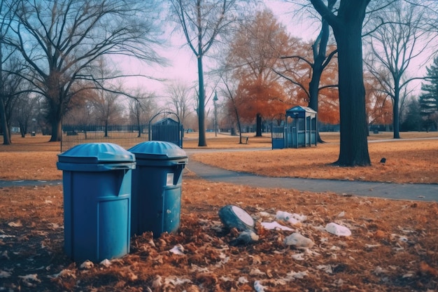 Flipped trash cans and scattered litter in park created with generative ai