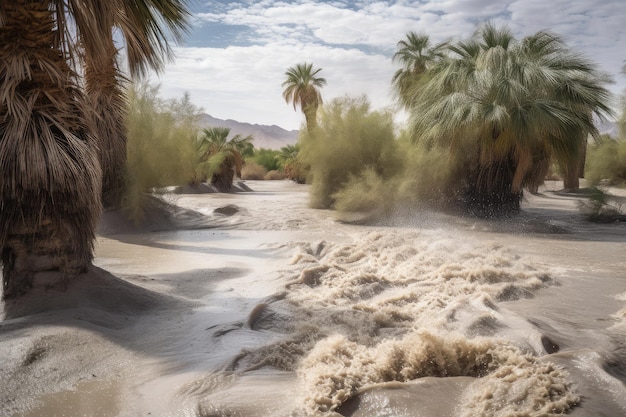 Foto flitsvloed in de woestijn met zichtbare zandduinen en palmbomen