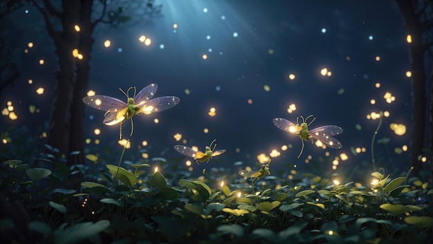 Photo flittering fireflies dancing through a night sky in an enchanted fantasy forest